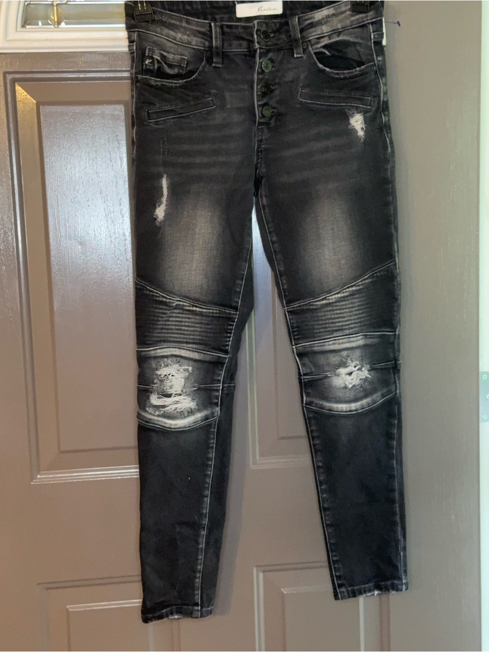 Black Distressed Skinny Jeans with Ribbed Knee Panels